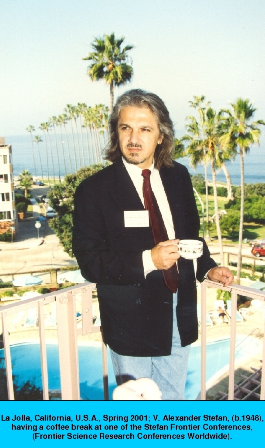La Jolla, California, U.S.A., Spring 2001; V. Alexander Stefan, (b.1948), having a coffee break at one of the Stefan Frontier Conferences, (Frontier Science Research Conferences Worldwide).