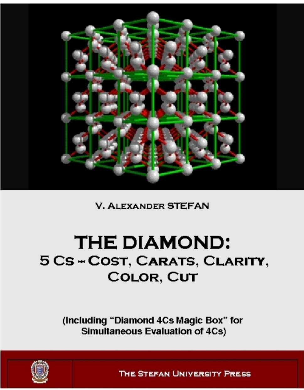 (2002) book. V. Alexander STEFAN, THE DIAMOND: 5 Cs -- Cost, Carat, Clarity, Color, and Cut. THE DIAMOND: 5 Cs -- Cost, Carats, Clarity, Color, and Cut. Includes the guide how to buy a diamond, the physics of diamond, Diamond 4Cs Magic Box for simultaneous evaluation of the 4Cs, a Stefans invention based on Raman scattering of multi laser beams off a diamond to be graded, and an account of the laboratory created diamonds.