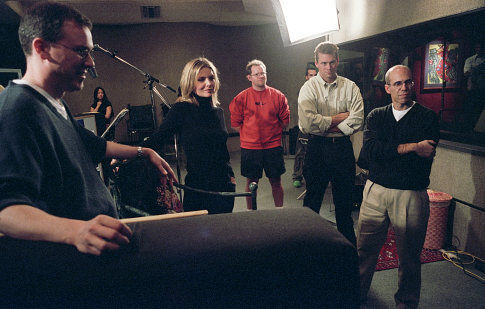 (Left to right) Director TIM JOHNSON; star MICHELLE PFEIFFER, who provides the voice of Eris; supervising animator for Eris DAN WAGNER; director PATRICK GILMORE; and producer JEFFREY KATZENBERG at a recording session.