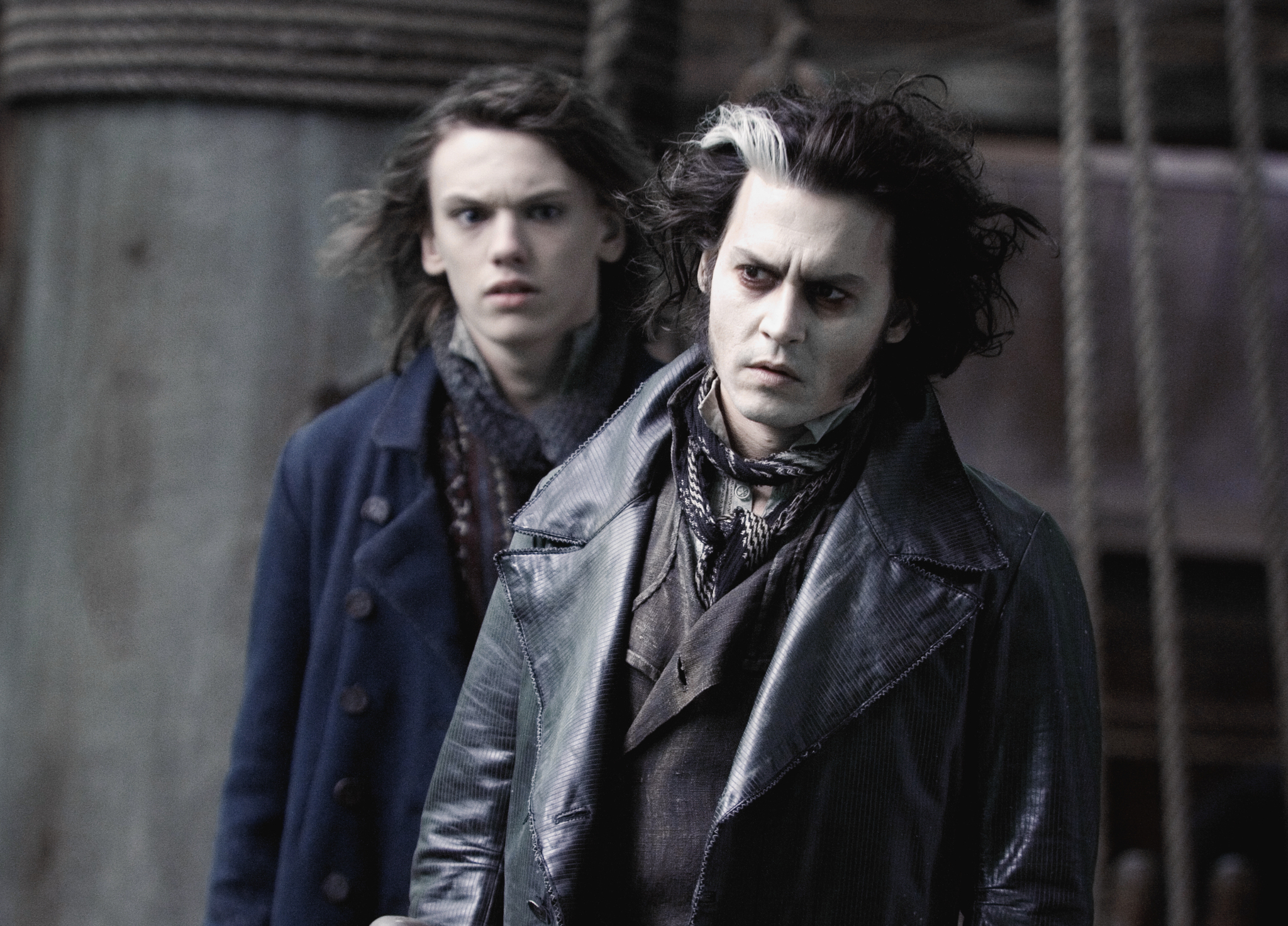 Still of Johnny Depp and Jamie Campbell Bower in Sweeney Todd: The Demon Barber of Fleet Street (2007)