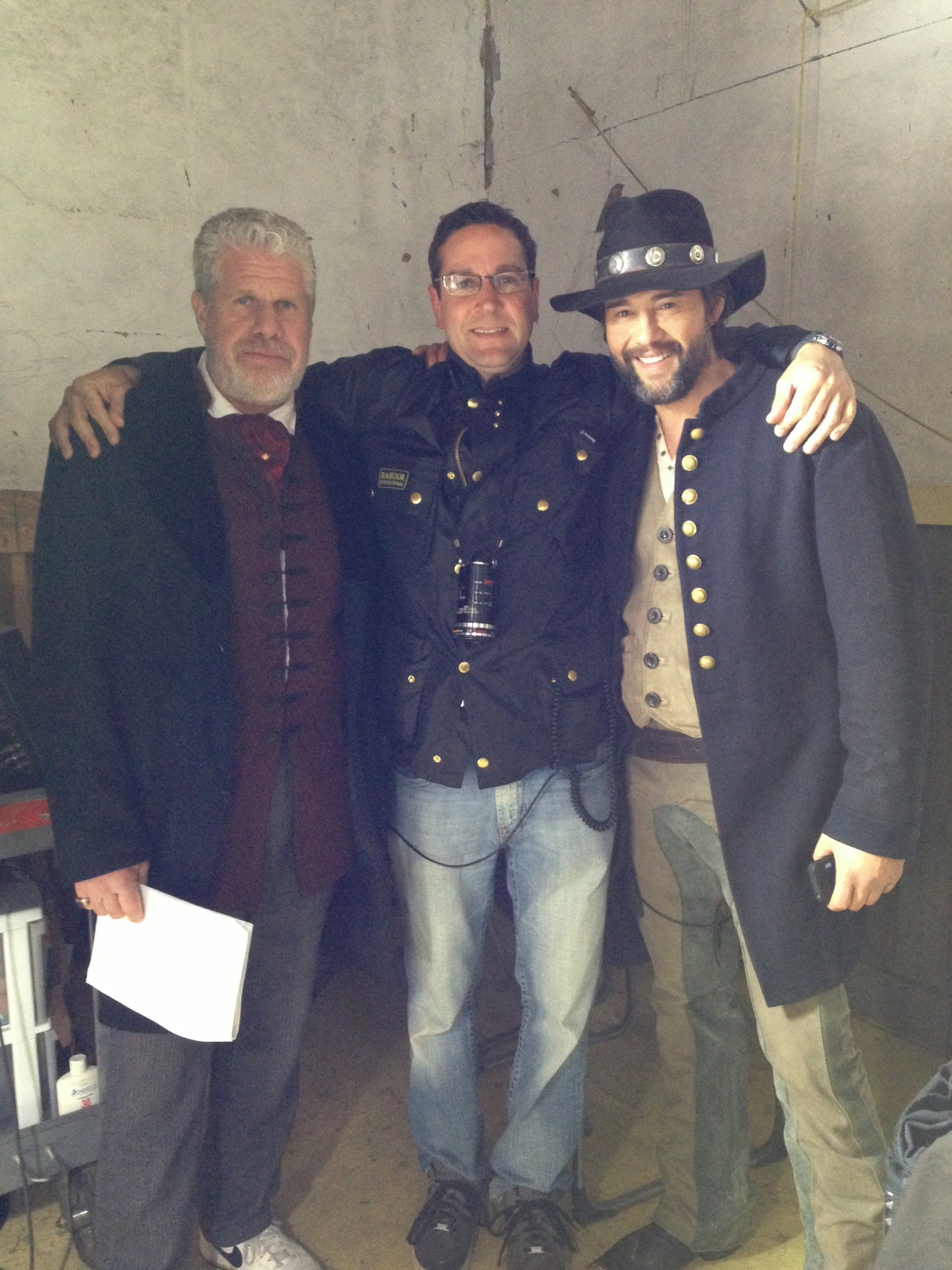 Thomas Makowski with Ron Perlman and Steve Bacic on the set of 