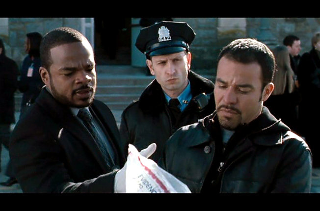 LAW ABIDING CITIZEN Movie Still - Director F. Gary Gray, Damien Colletti (as Officer Bruno), and Michael Irby (as Detective Garza).