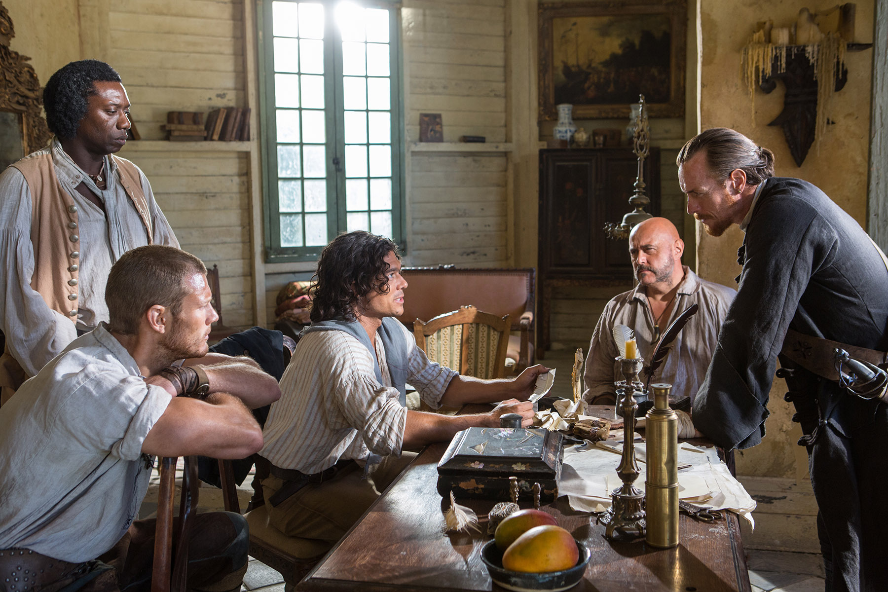 Still of Hakeem Kae-Kazim, Mark Ryan, Toby Stephens, Luke Arnold and Tom Hopper in Black Sails (2014)