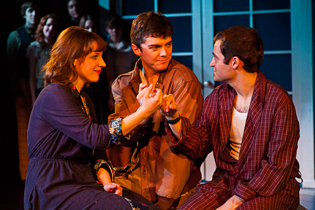 Jessie Mueller, Jarrod Zimmerman and Alan Schmuckler in Merrily We Roll Along at The Music Theatre Company