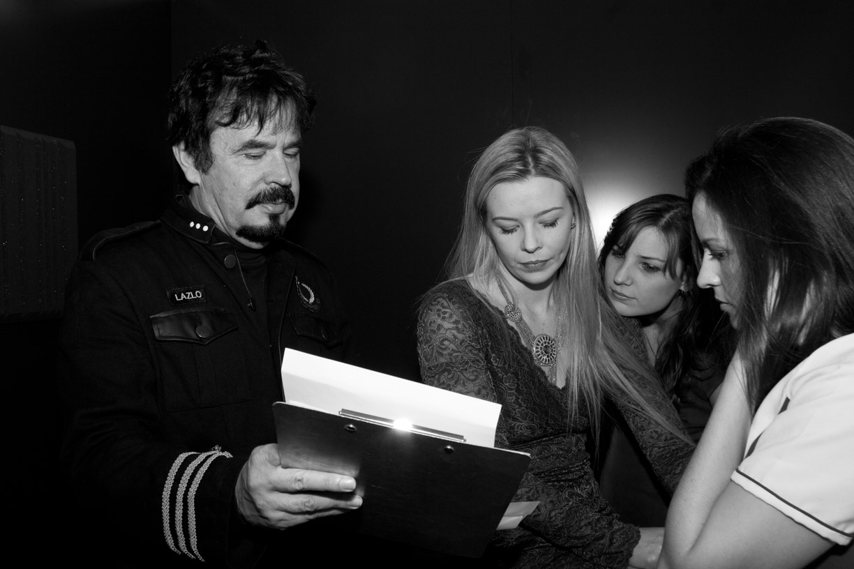 Paul Day with actresses Abigail Jayne, Tahlia Ponting and Kate Gardener on set during the filming of Beyond Redemption: Space Captain in 2013