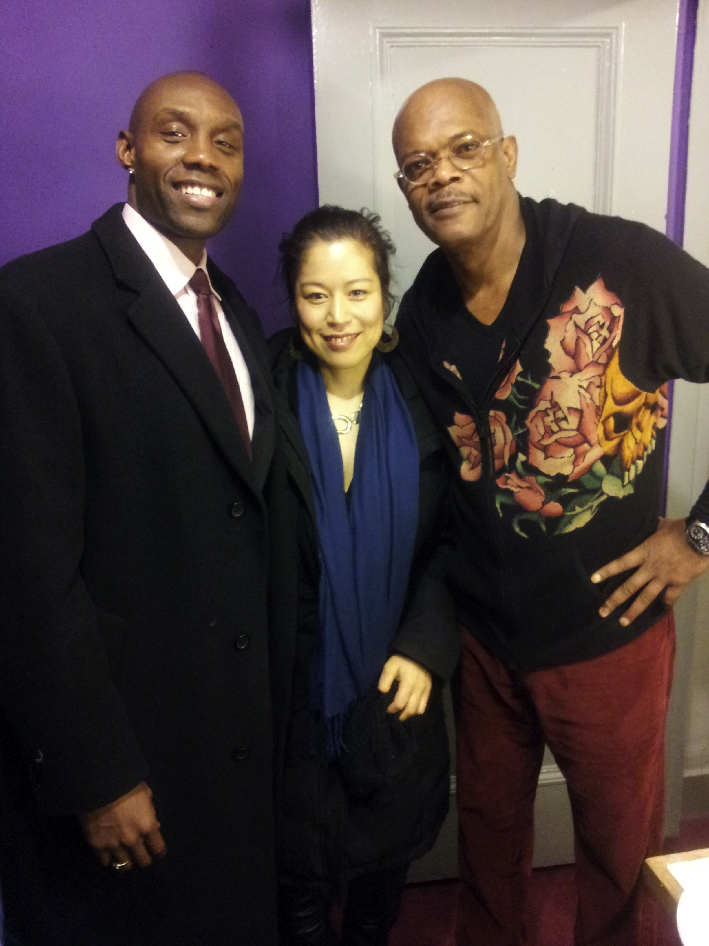 Shabazz Ray, Naoko Ono and Samuel L. Jackson back stage The Mountain Top.