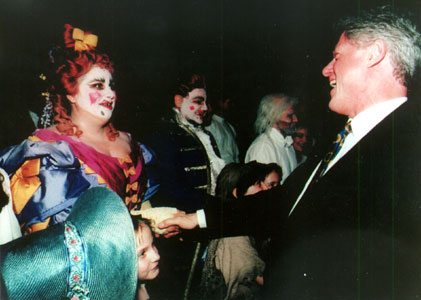 Kelly Ebsary with Bill Clinton after performance as Madame Thenardier in 