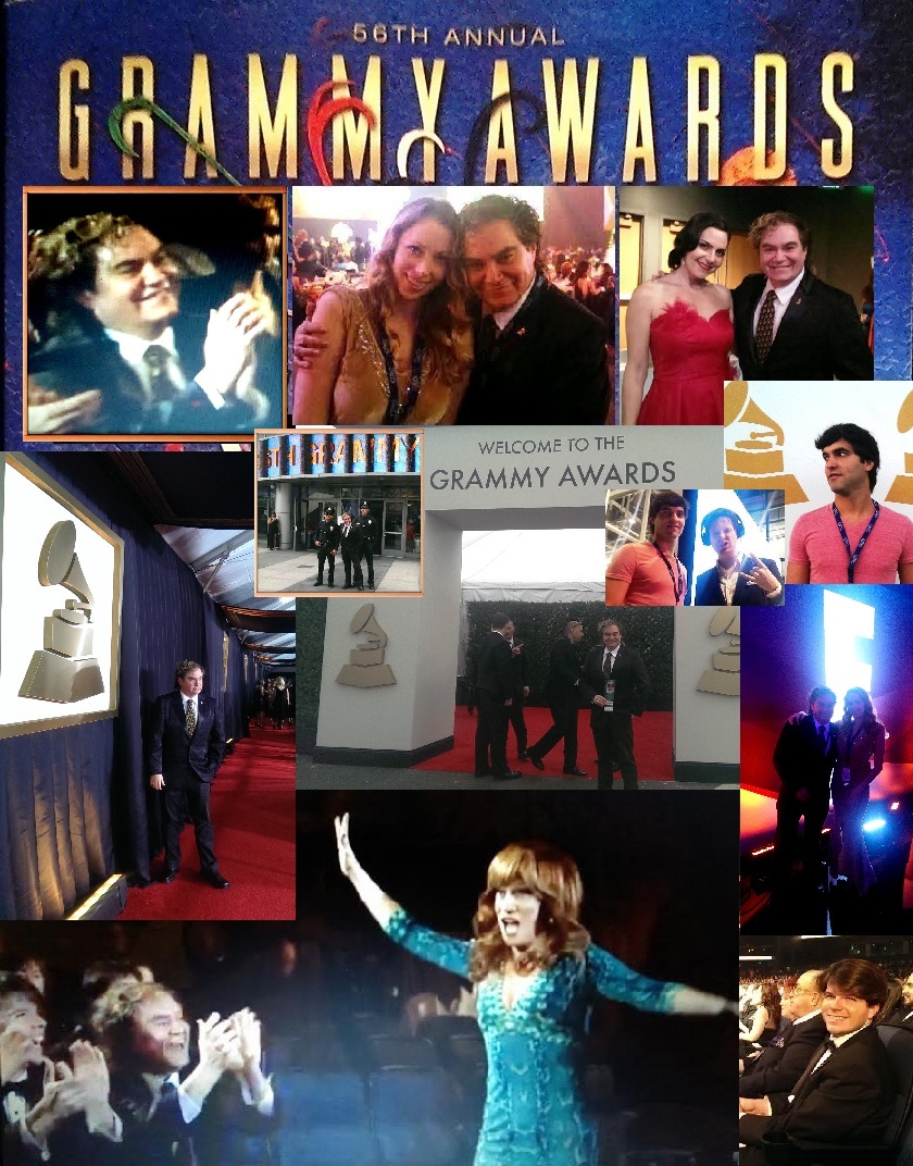 Pierre Patrick at The 56th Grammy Awards with Jennifer Day,MIKEL,Grammy Winner Jennifer Gasoi, The LAPD and with Alex Del Vecchio Applauding Winner Kathy Griffin.