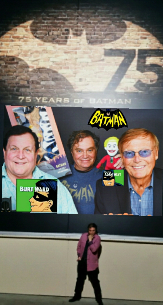 Pierre Patrick at 75 Years of BATMAN wall at Warner Brothers Studios and classic Batman Adam West & Robin's Burt Ward with Pierre Patrick.