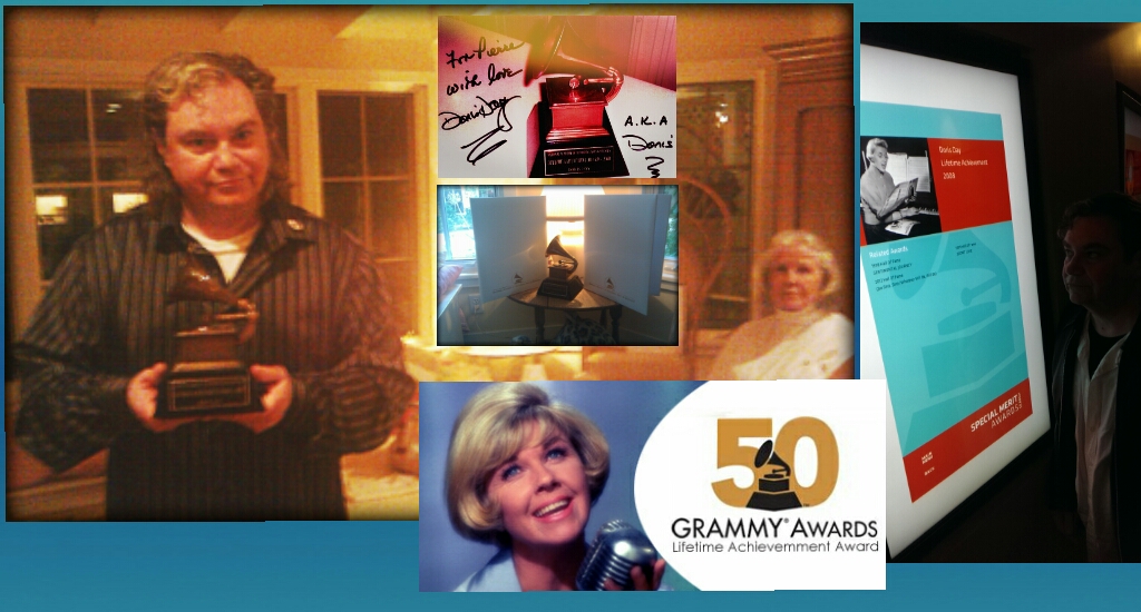 Pierre Patrick with DorisDay and her Grammy Lifetime Achievement Award, presented to Day at Historic 50th Grammy Awards. Pierre Patrick at Grammy Museum featuring her 3 Grammy Hall Of Fame. Doris Day 3 Hall Of Fame at Grammy Museum