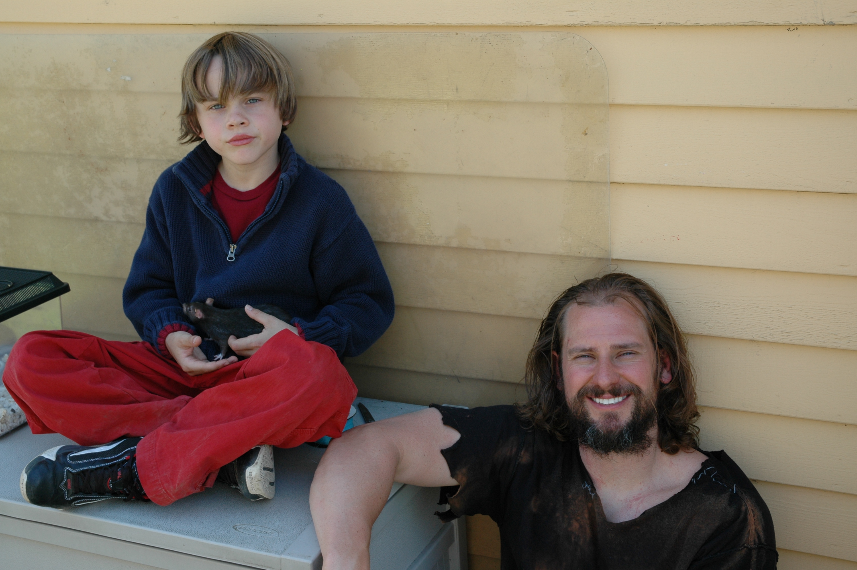 On the set of Last Breath with Aaron Laue. Alex is befriending the rat used in the next scene.