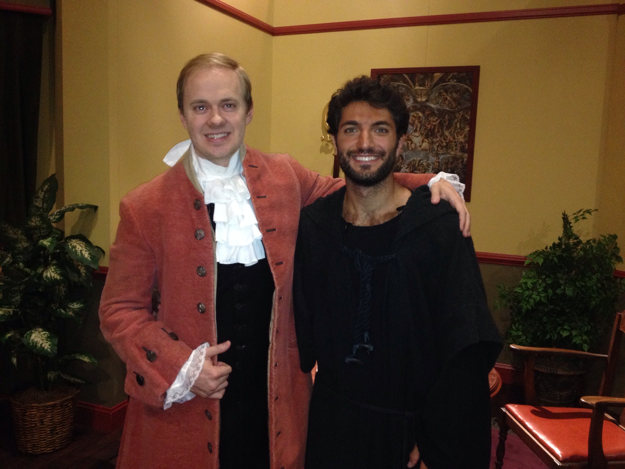 Lamar Babi as St. Augustine and Jeremy Tillery as Jean-Jacques Rousseau on the set of the EWTN Series, Saints vs Scoundrels.