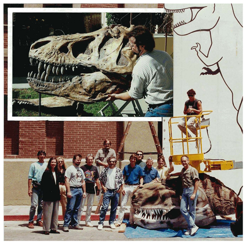 Jurassic Park (1990) Early pre-production. Worked w/Steven in his Amblin Story Bungalow on 1st sculptural development of TRex. Picture is of 2-day mock-up I made to see how a 24' Rex might film from ground. Kathleen Kennedy & Frank Marshall also