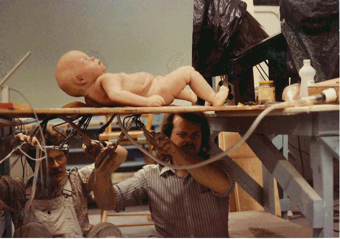 Starman (1984) Directed by John Carpenter. Rick Baker Studio. Starbaby 'hot-melt' puppet test. Mark Wilson and Tim Lawrence.