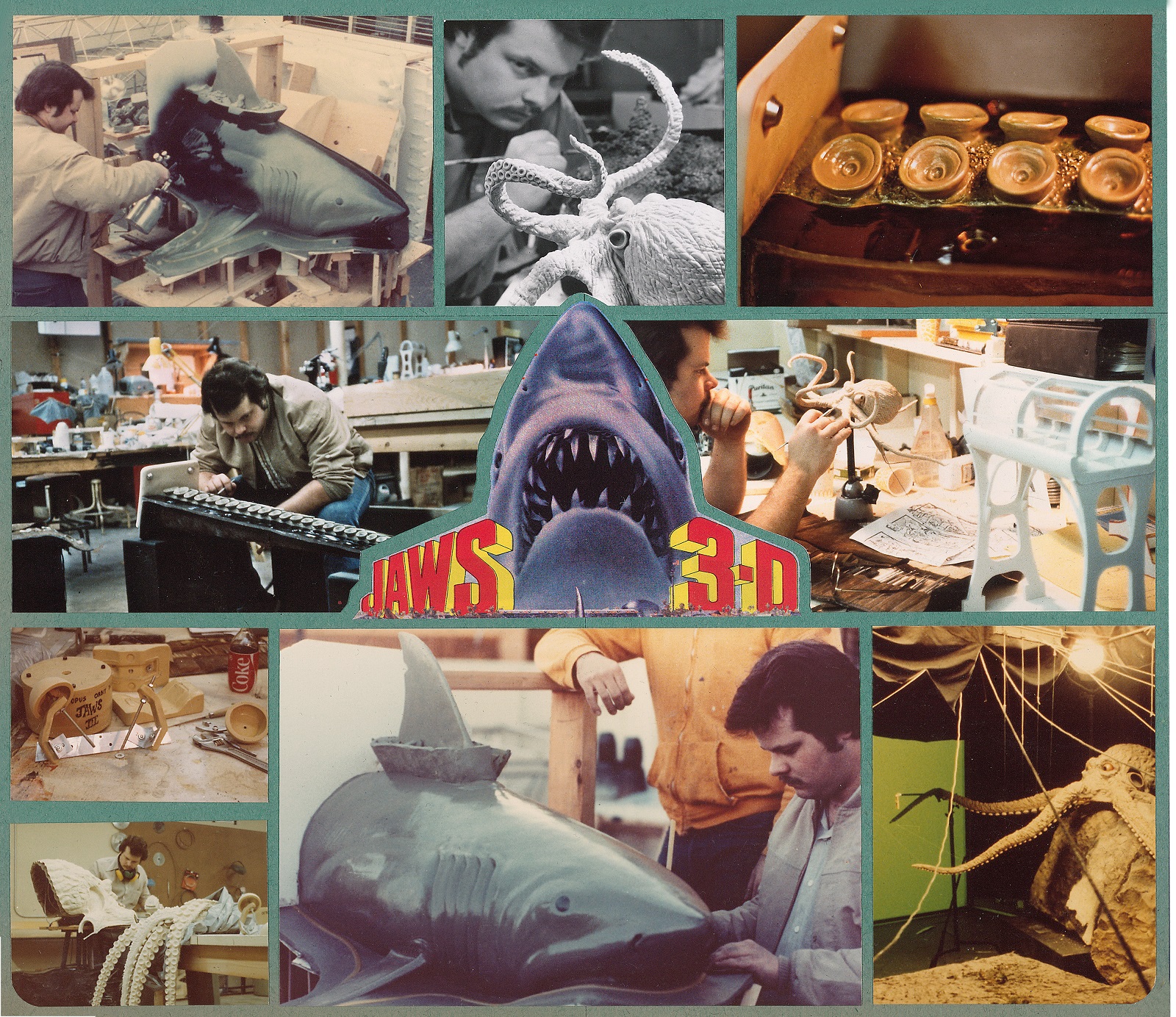 Jaws 3D. (1982) My 1st movie. Worked model-shop night shift. Audio-animation during the day. Designed, sculpted and fabricated cartoon underwater amusement park octopus and made fiberglass core-mold on 1/4 scale shark puppet. Early portfolio page.