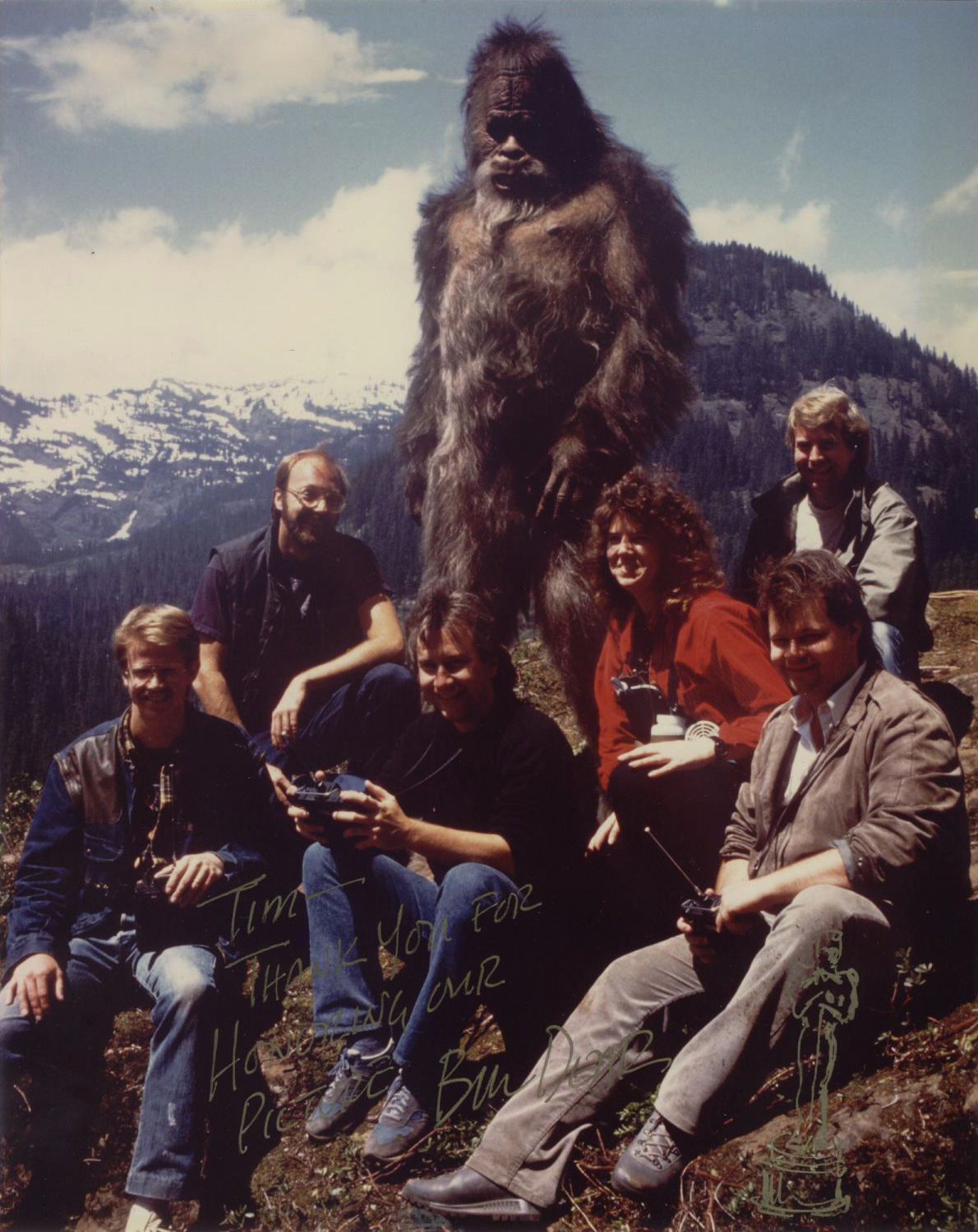Harry & the Hendersons (1987) Seattle location. l/r: Tom Hester, Allen Coulter, Rick Baker, Kevin Peter Hall, Camilla Henneman, Marc Tyler, Tim Lawrence.