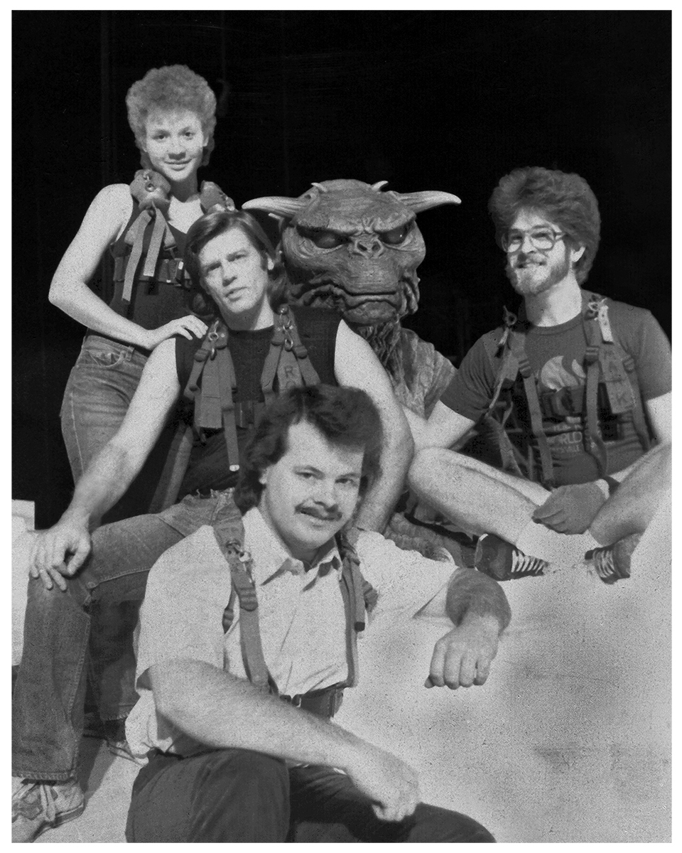 Ghostbusters (1984) 'Terror Dog' crew. Terry Hardin, Ron Harris, Mark Wilson & Tim Lawrence. 1st Unit. Temple of the Gozer. December 1983.