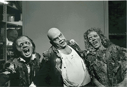 Thriller (1983) Makeup test day at Rick Baker's studio. The 'Tor Johnson' zombie in the middle is me in my own makeup. Jack Bricker in his 'Lump-Face' makeup to my right and Cynthia Garris to my left. Note: my costume unfinished,