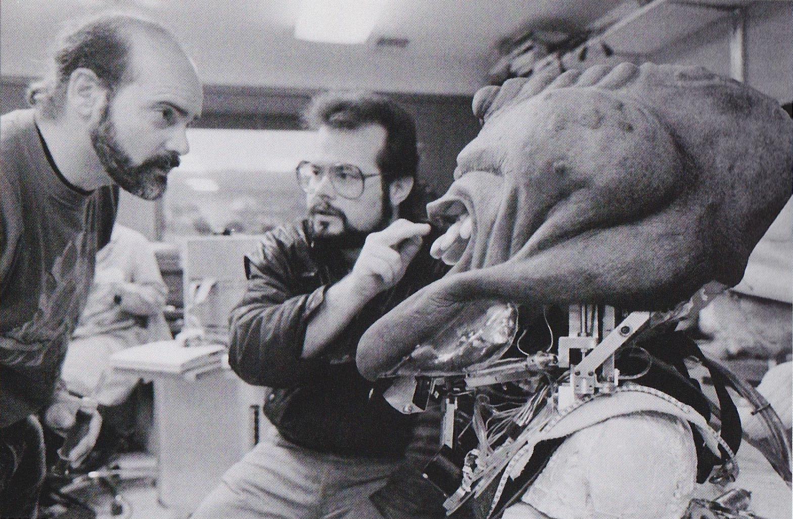 Ghostbusters 2 (1989) ILM Creature Shop. Mark Siegel, Tim Lawrence and Slimer (set up on Robin Selby's life-cast). We're talking about where to re-glue the lip attachments before inner-lip appliances go in.