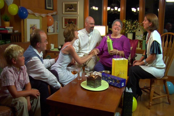 Scene from the web sitcom TWO DOORS DOWN - (from L to R) Jaden Montgomery, Bill McKinley, Amber Mikesell, Robert A. Foor, Mary Jo Apisa and Sarah J. Storer.