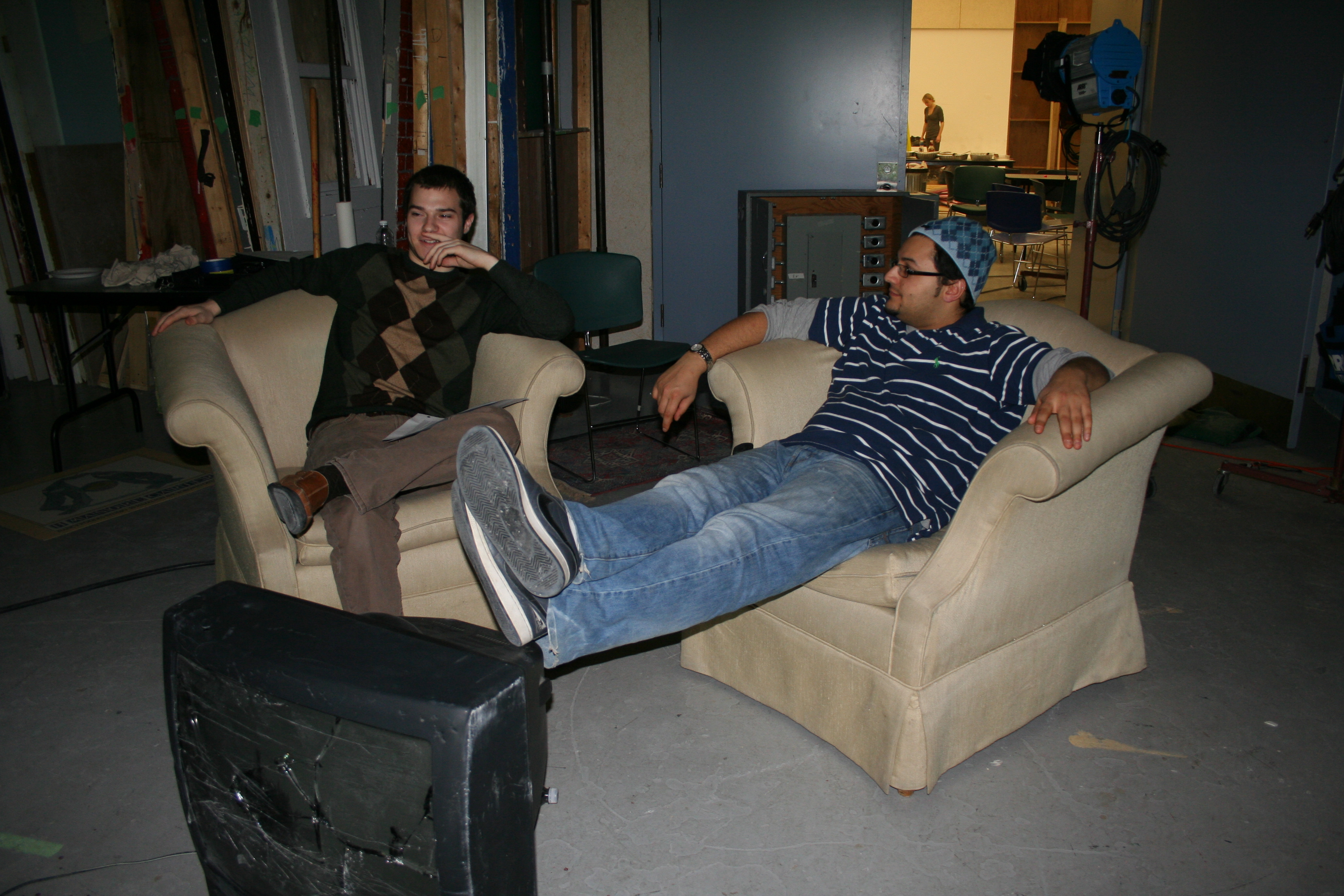 Mazi Khalighi taking a break with Colin Riley (VFX Supervisor) on the set of 