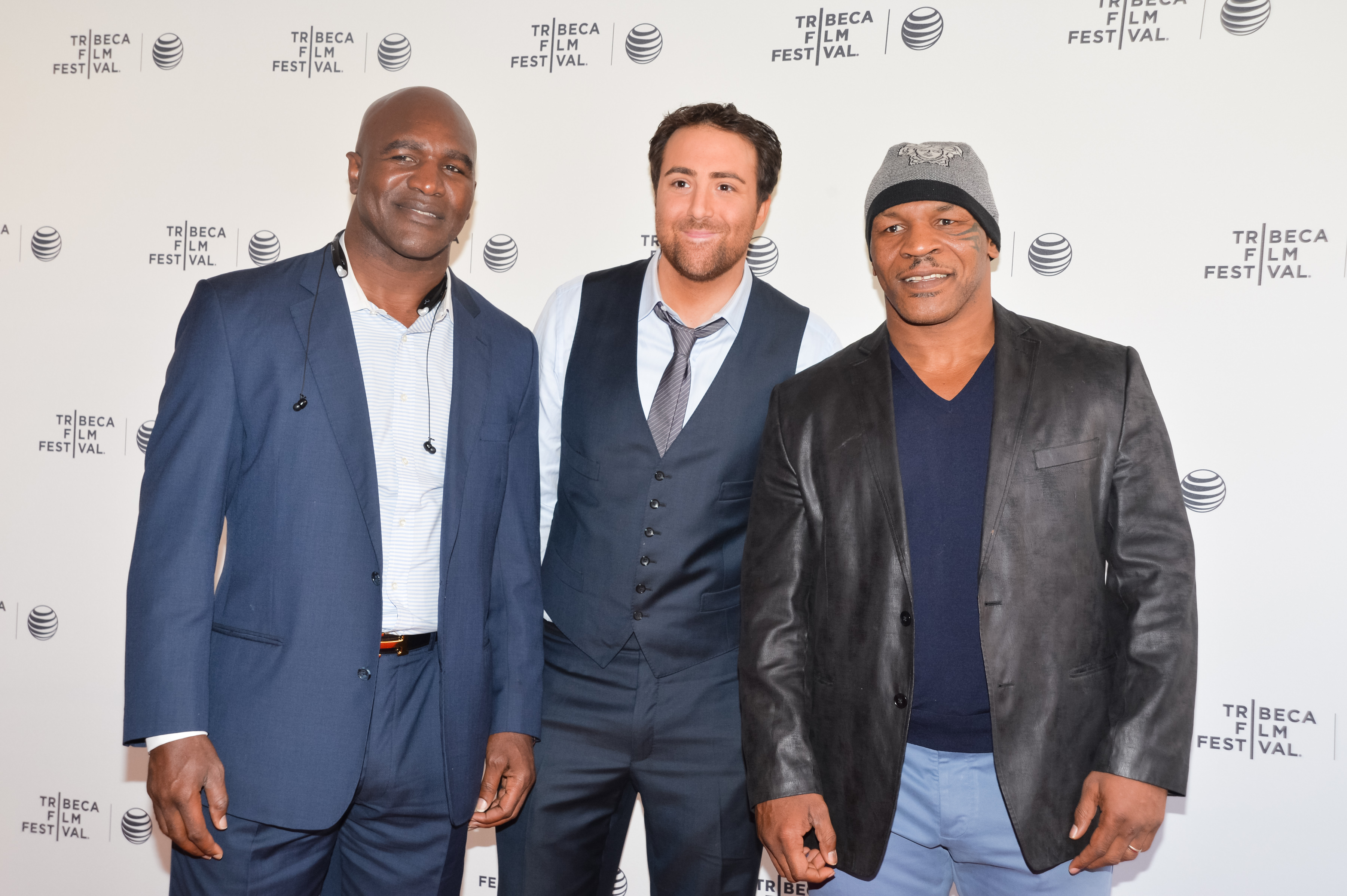 Mike Tyson, Evander Holyfield and Bert Marcus on the red carpet of the CHAMPS movie premiere at the Tribeca Film Festival 2014, directed by Bert Marcus and starring Mike Tyson, Evander Holyfield and Bernard Hopkins. Picture courtesy of Billy Farrell Agenc