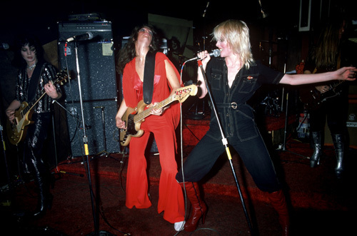 The Runaways (Joan Jett, Jackie Fox, Cherie Currie) performing at CBGB in New York City on August 2, 1976