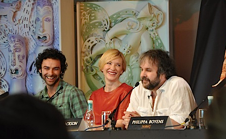 Aidan Turner, Cate Blanchett and Peter Jackson at Wellington, NZ press conference for the world premiere of The Hobbit: An Unexpected Journey.