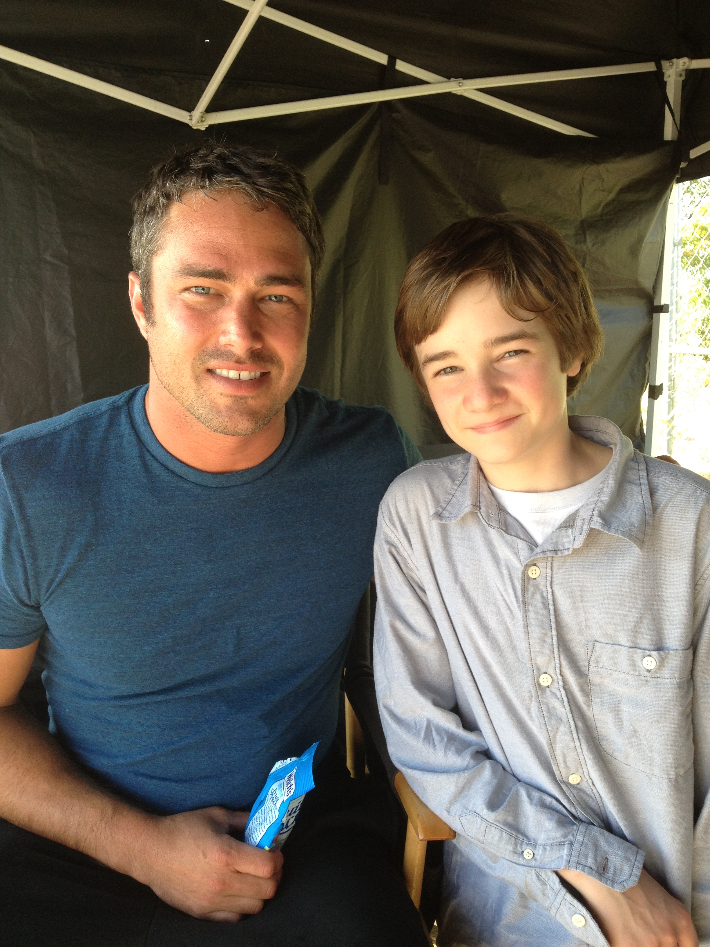 Taylor Kinney (Severide) and CJ Adams (Nathan) on the set of Chicago Fire- Episode 