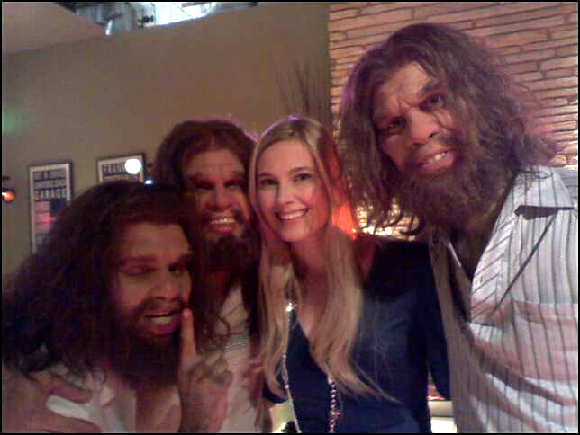 Jennifer Keller on set with the Gieco Cavemen in 