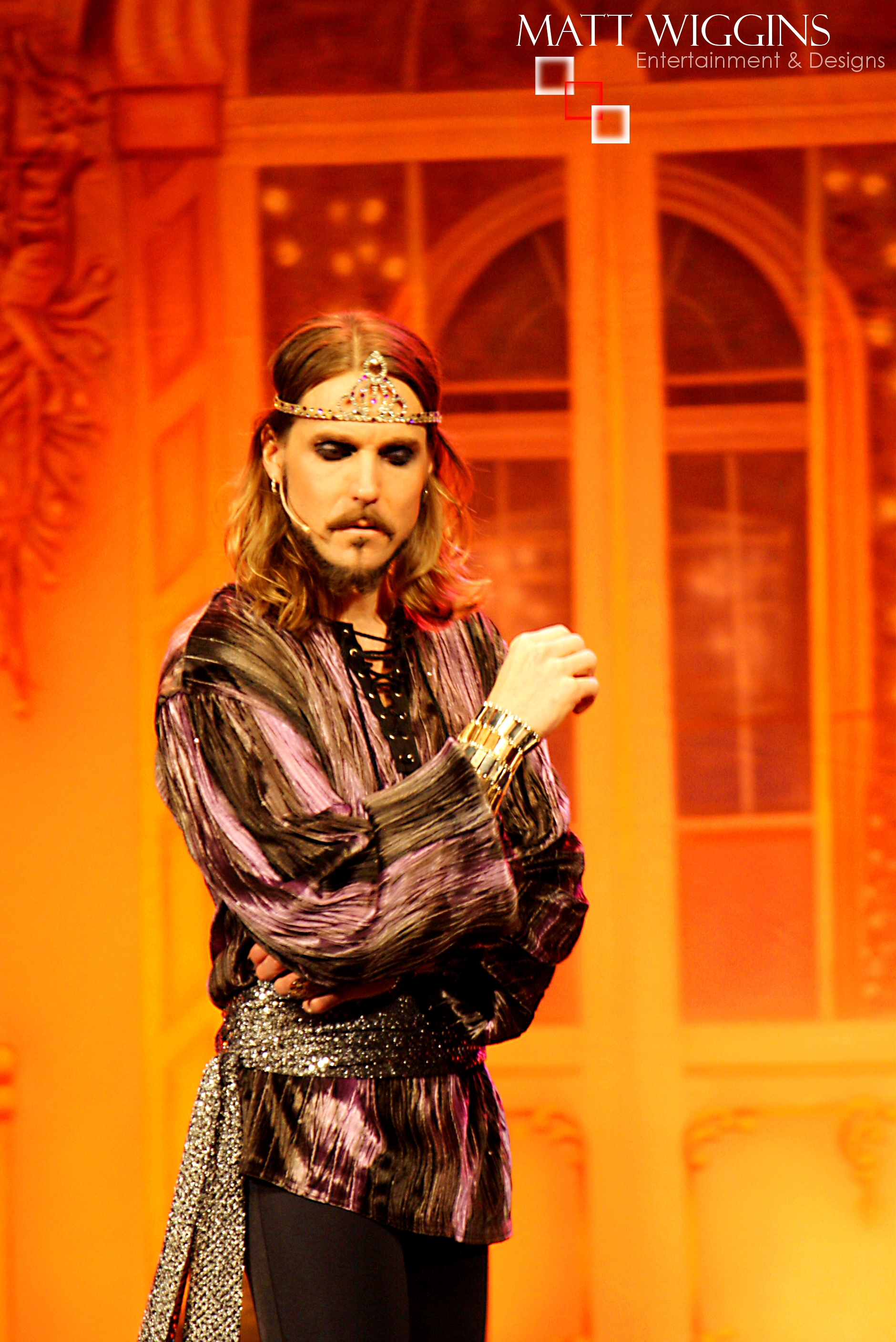 Still of Matt Wiggins as King Xerxes in a live Baller performance of Esther.