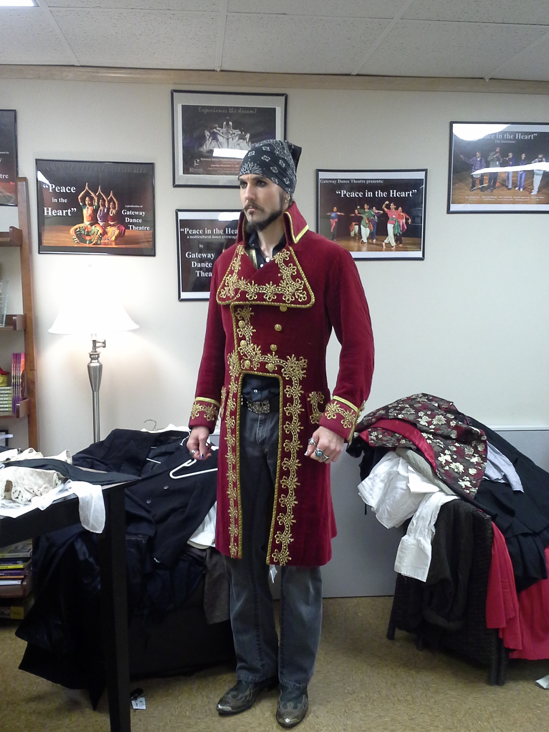 Matt Wiggins in a wardrobe fitting for his character, Cassio, in a live production of William Shakespeare's Othello.