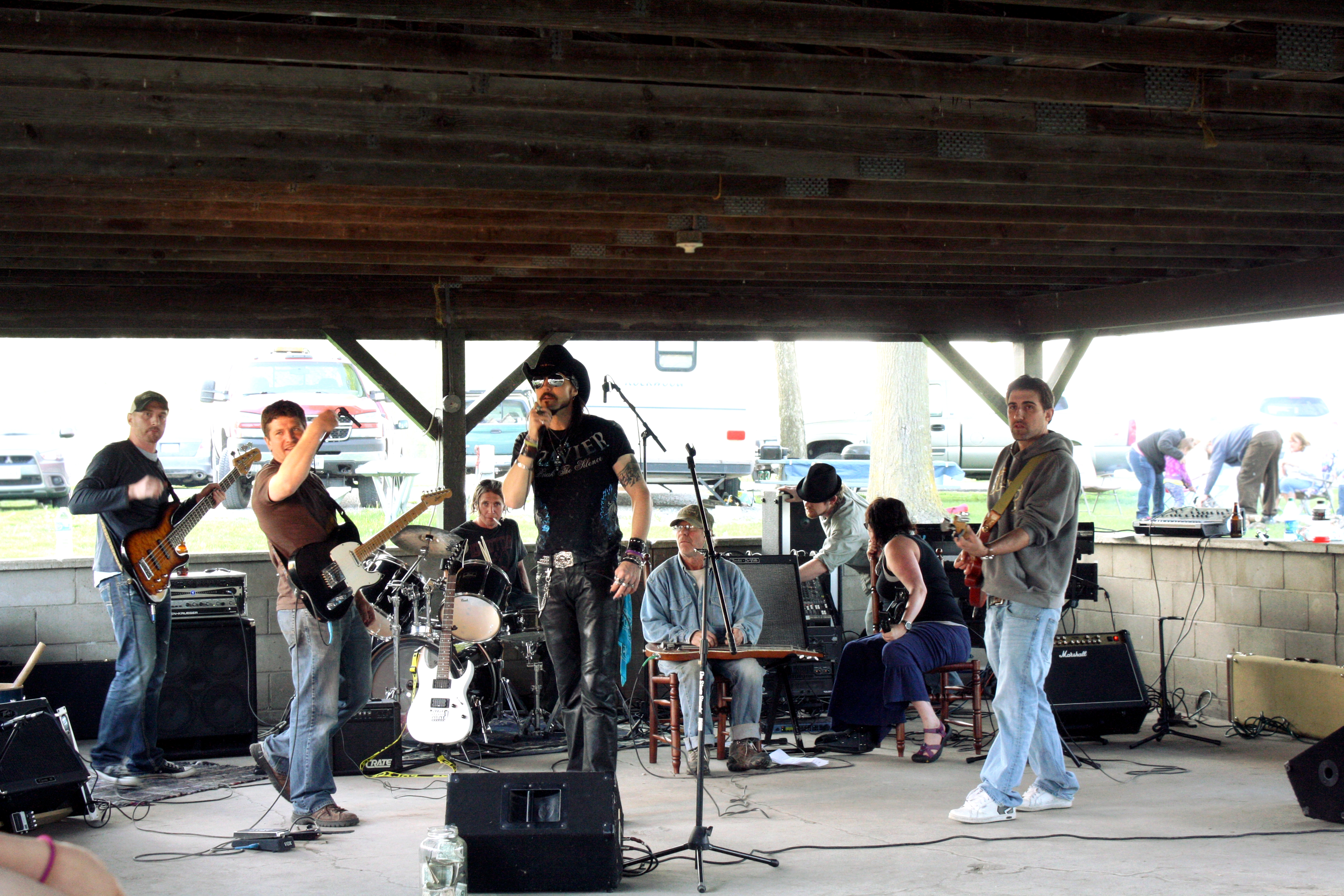 Matt Wiggins and his band/crew prepare for the crowd before a performance in May 2014.
