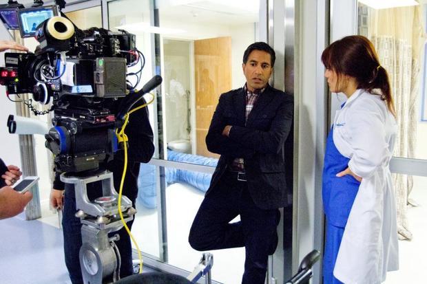Dr. Sanjay Gupta and Emily Swallow on the set of Monday Mornings