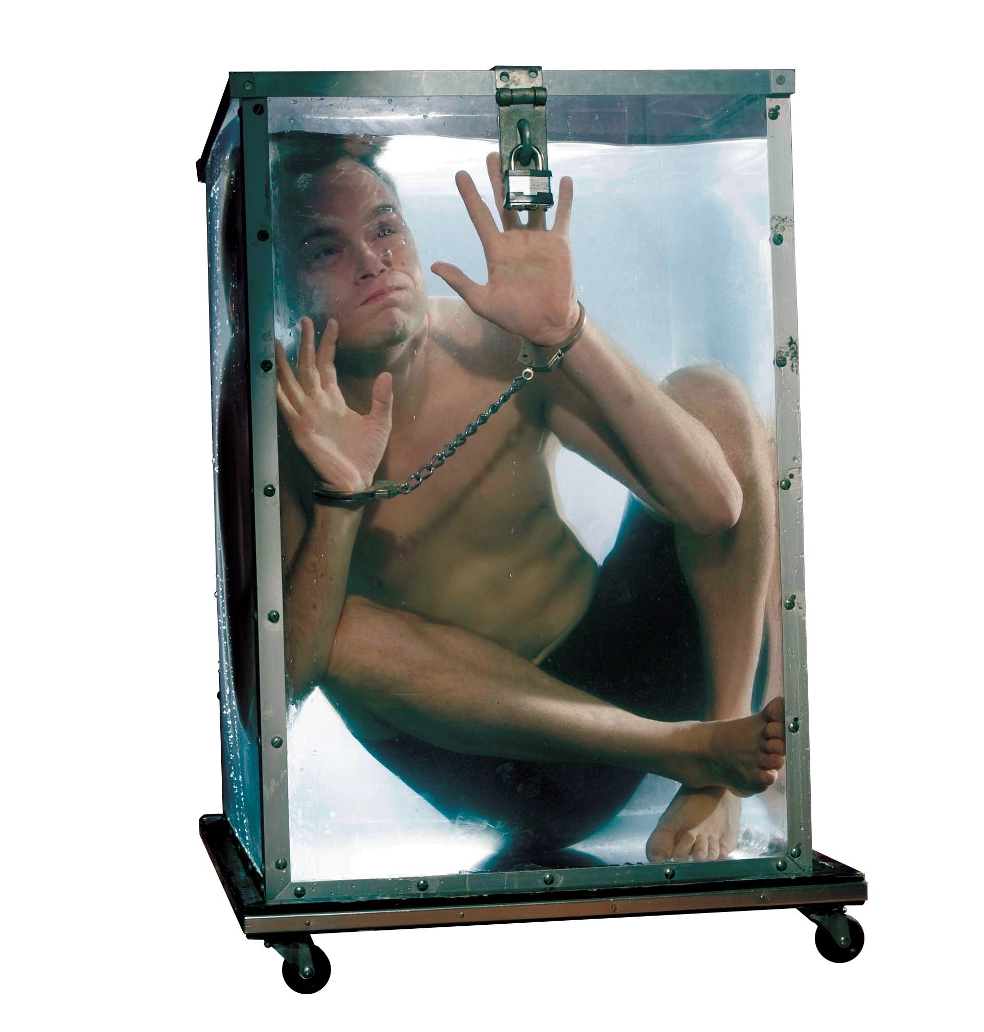 Escape Artist Curtis Lovell II locked into a box of water/water torture cell www.CurtisLovell.com