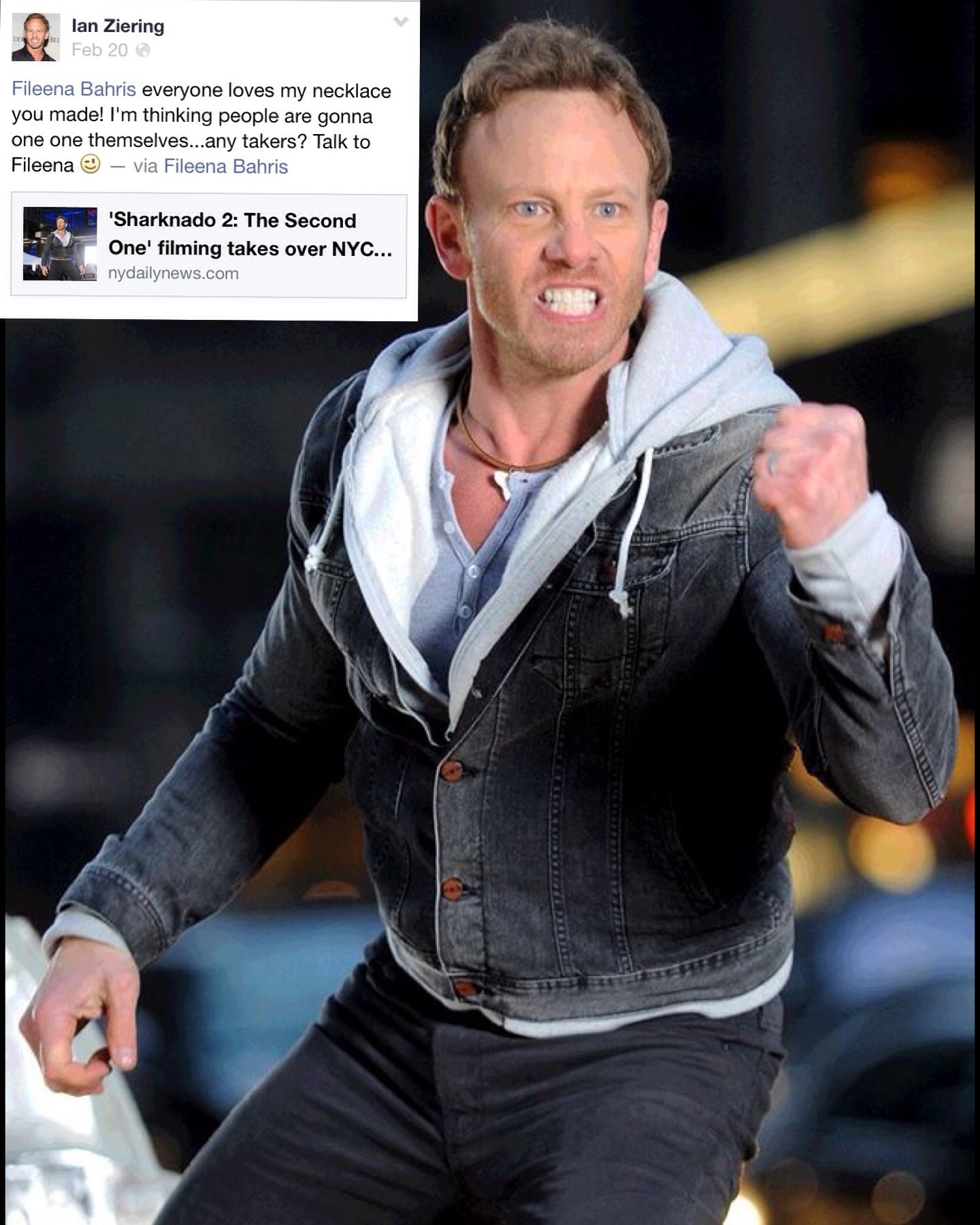 Ian Ziering as Finn in Sharknado 2 wearing Sharks Tooth Necklace by Actress -Designer FILEENA (Fileena Bahris) in Sharknado 2 - Designs by Fileena