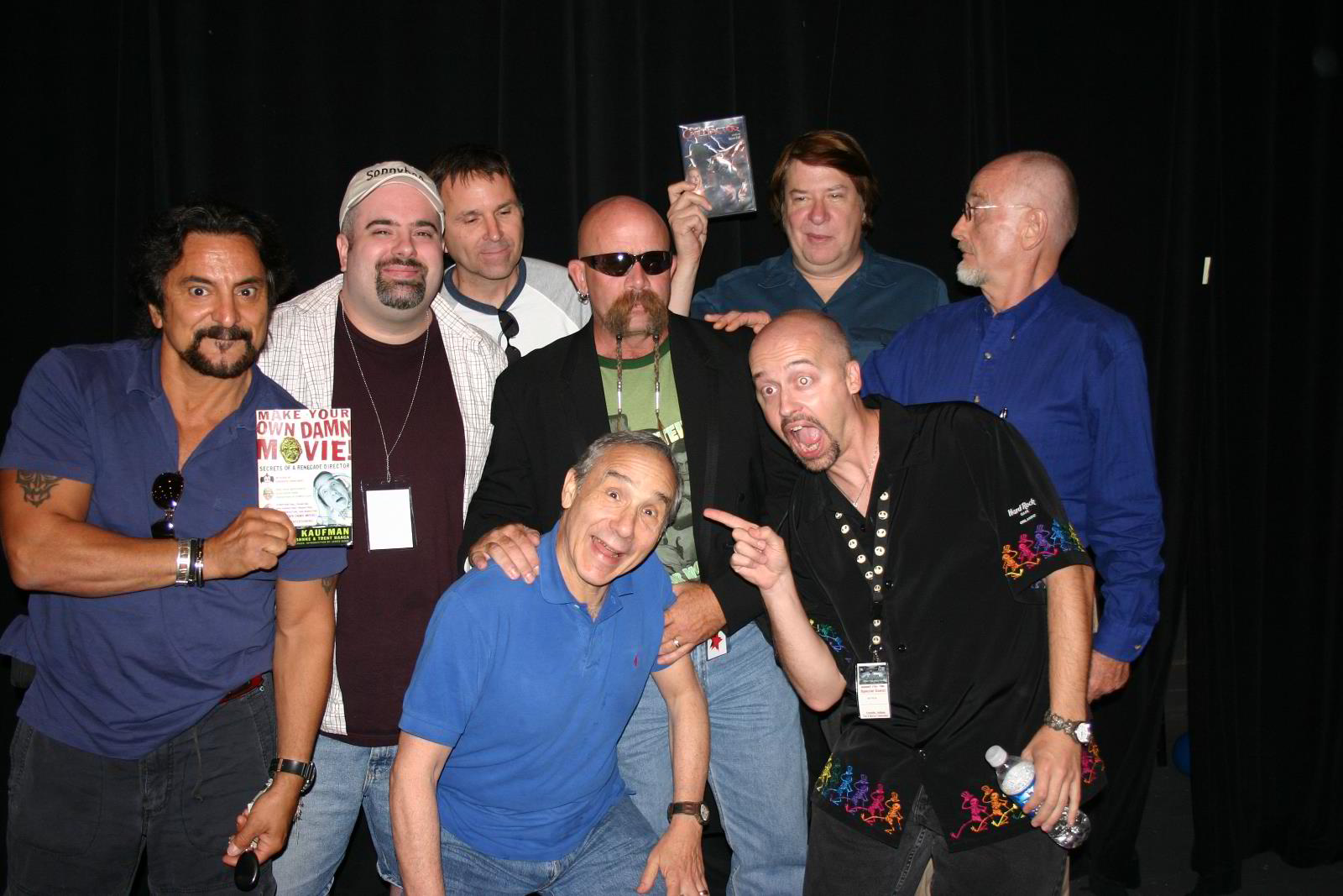 Tom Savini (far left), Peter John Ross, Dan Hall, Papaw (sunglasses), Jim Wynorski (holding DVD), John Huff, Lloyd Kaufman (front) and Jim O'Rear at the 2007 B Movie Celebration