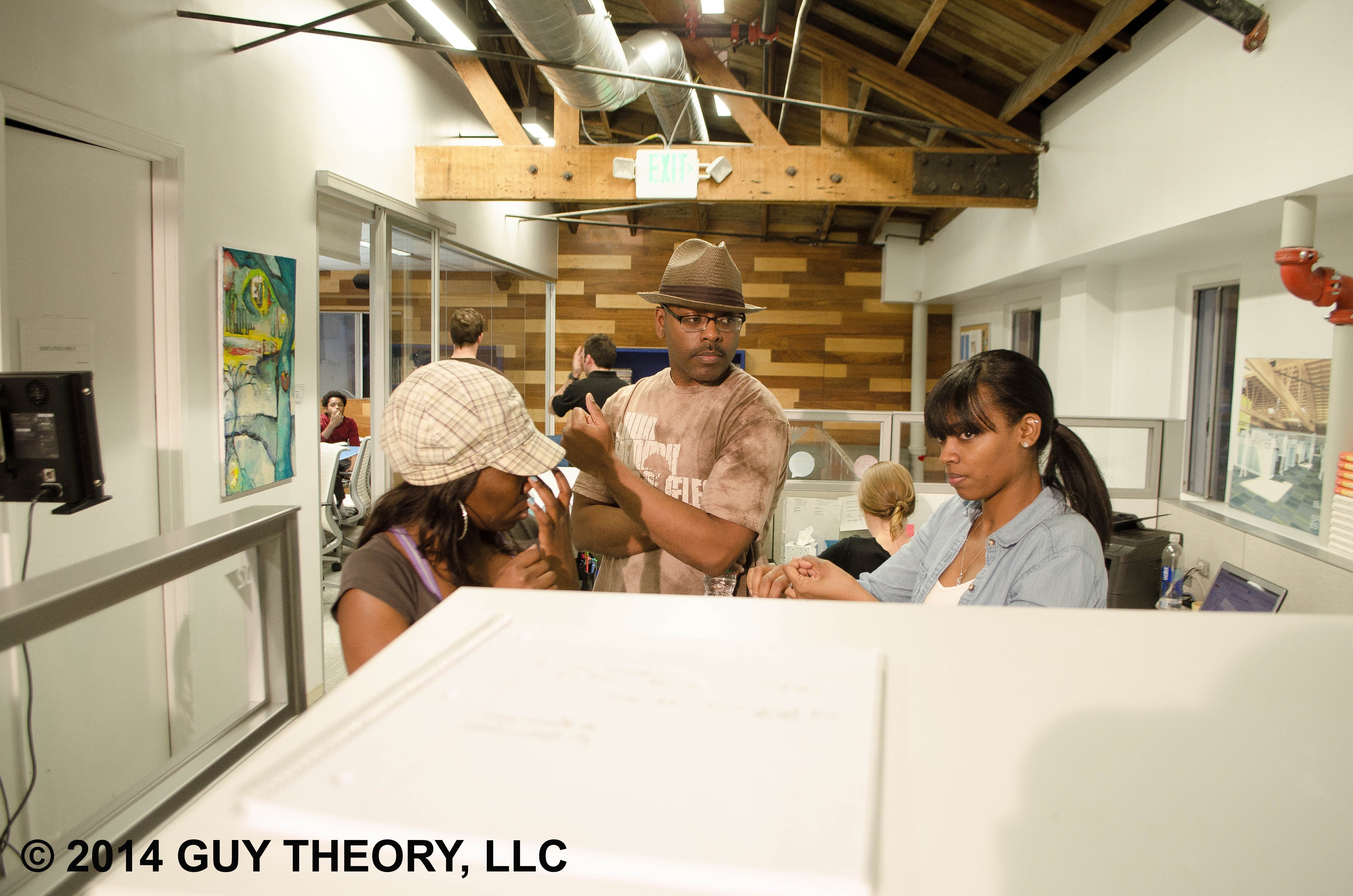 Director Ingeborg C. Eiland with Executive Producer Corey M. Curties and Producer Waukesha Bell on set of Guy Theory.