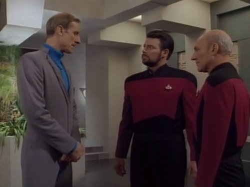 Still of James Cromwell, Jonathan Frakes and Patrick Stewart in Star Trek: The Next Generation (1987)