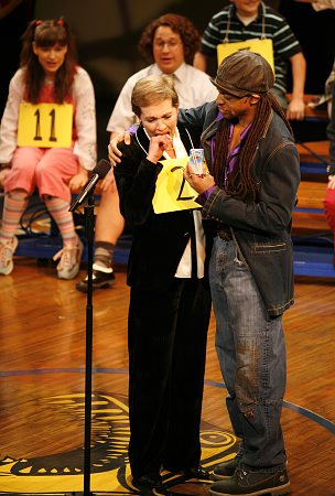 Actor Derrick Baskin with Julie Andrews in Broadway's The 25th Annual Putnam Country Spelling Bee playing Mitch Mahoney, comfort counselor