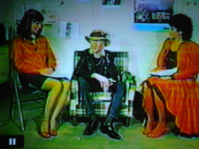 Kim Dorsey, Johnny Winter, Vicki Sue Robinson interviewing blues rock guitarist Johnny Winter at Hartford Civic Center.