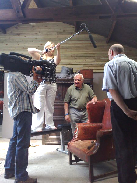 Nathan Ridler (Camera) and Anna Pearce (Boom) on set with Bernie Bishop and Tim Sumbler during the filming of Antique Secrets.