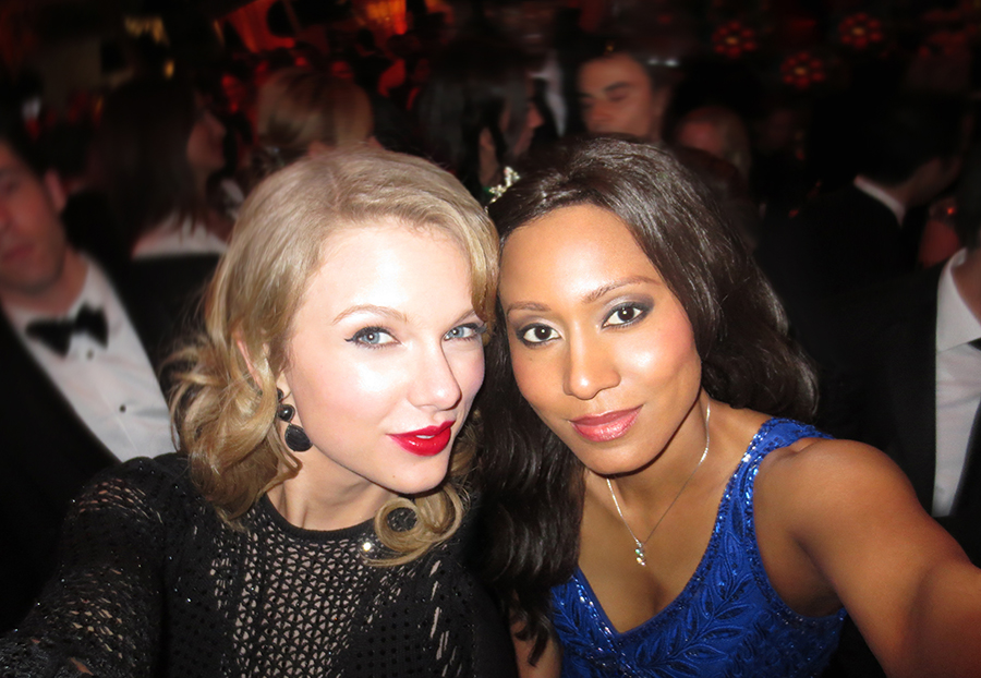 Vaja & Taylor Swift at the Weinstein Golden Globes After Party. Dress: Sue Wong | Purse: Madeline Beth | Makeup: Cover FX