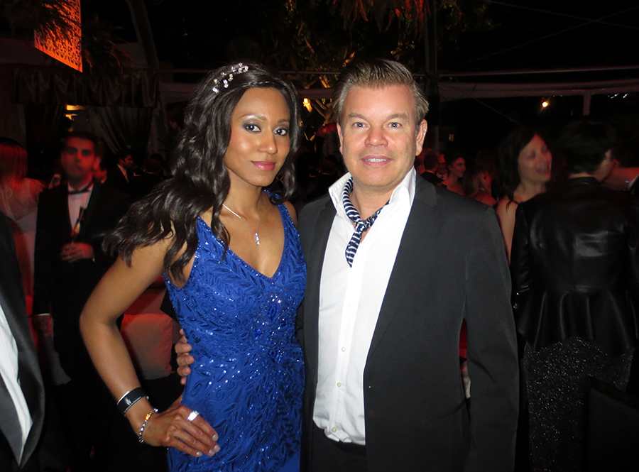 Vaja & Paul Oakennfold at the Weinstein Golden Globes After Party. Dress: Sue Wong | Purse: Madeline Beth | Makeup: Cover FX