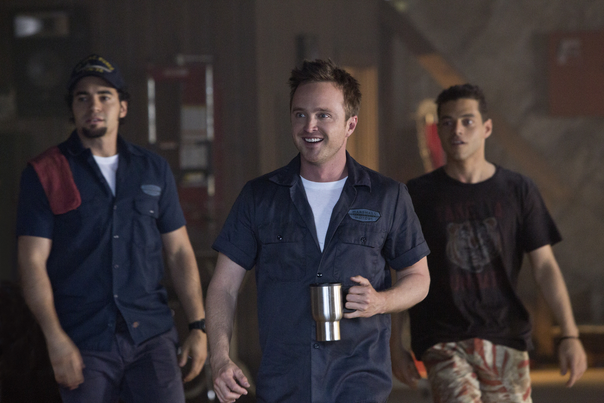 Still of Aaron Paul, Rami Malek, Ramon Rodriguez and Joe Peck in Need for Speed. Istroske greicio (2014)