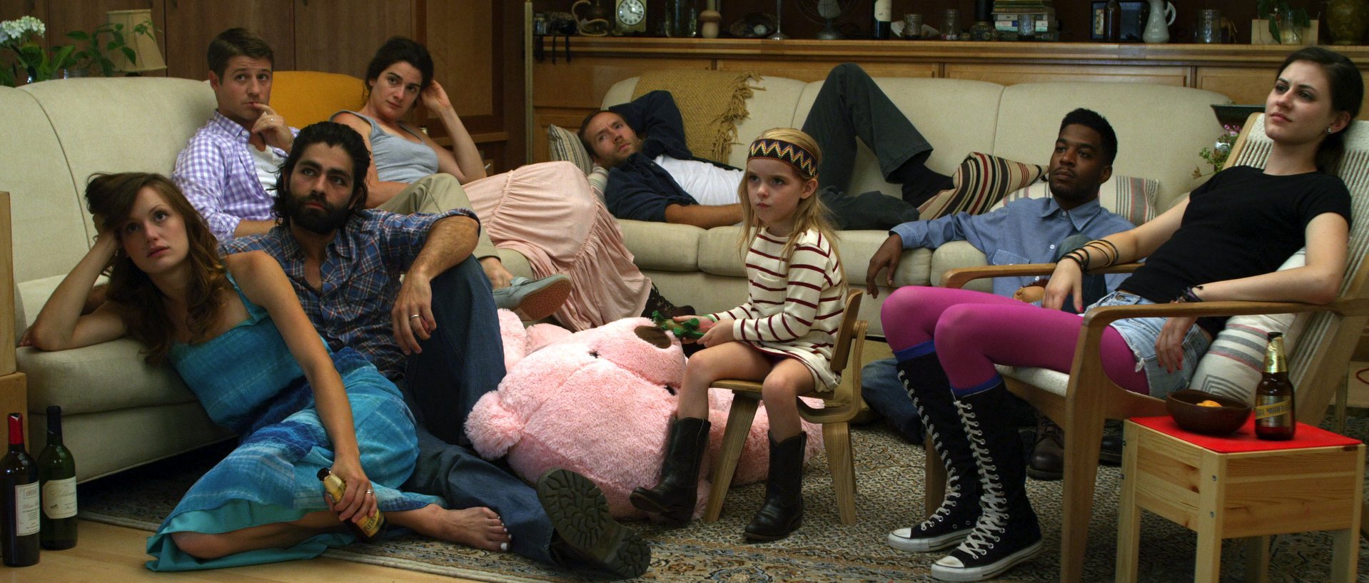 Still of Kerry Bishé, Ben McKenzie, Adrian Grenier, Gaby Hoffmann, Mark Webber, McKenna Grace, Kid Cudi, and Remy Nozik in Goodbye World