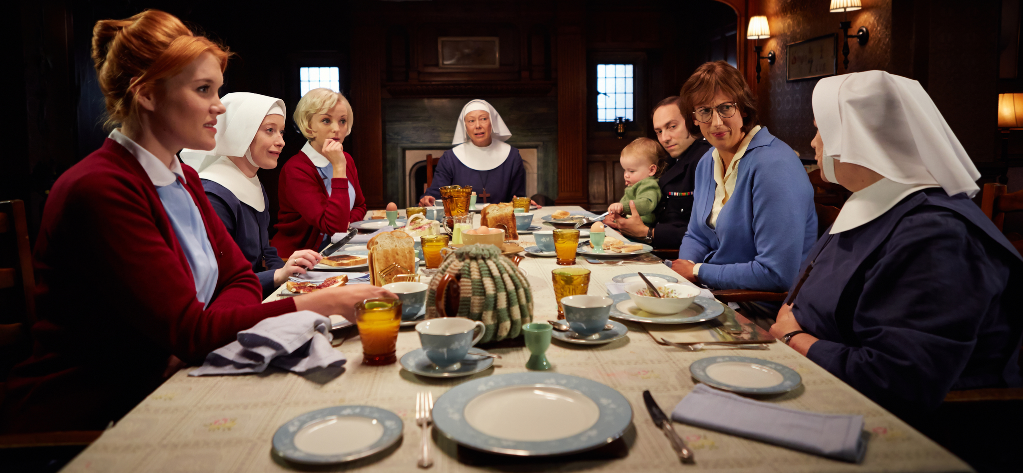 Still of Jenny Agutter, Ben Caplan, Pam Ferris, Miranda Hart, Emerald Fennell, Helen George, Victoria Yeates and Peter Noakes in Call the Midwife (2012)