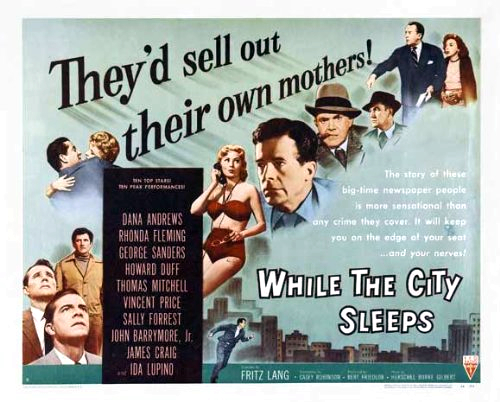 Dana Andrews, John Drew Barrymore, Vincent Price, George Sanders, Howard Duff, Rhonda Fleming and Thomas Mitchell in While the City Sleeps (1956)