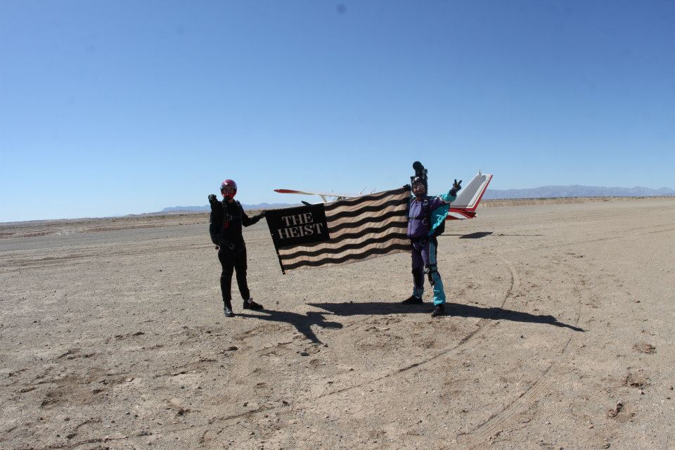 Ryan Sanson, Macklemore's Stunt Double, and cinematographer, Tod Hendricks on location for the Can't Hold Us music video for Macklemore and Ryan Lewis. Salton Sea, California.