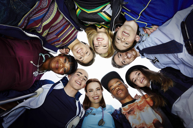 Steven Spielberg, Octavia Spencer, Dave Annable, Charlie Rowe, Ciara Bravo, Álex Martínez, Griffin Gluck, Zoe Levin, Rebecca Rittenhouse and Astro in Red Band Society (2014)